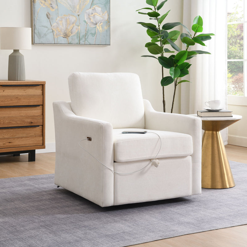 White swivel accent armchair with high back, padded arms, and protective ties on seat