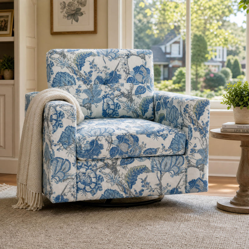 Blue and white floral upholstered single sofa chair with high back and armrests