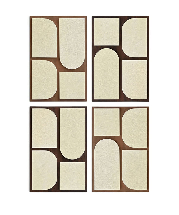 Four-piece wall art set with brown frames and off-white geometric cutout shapes