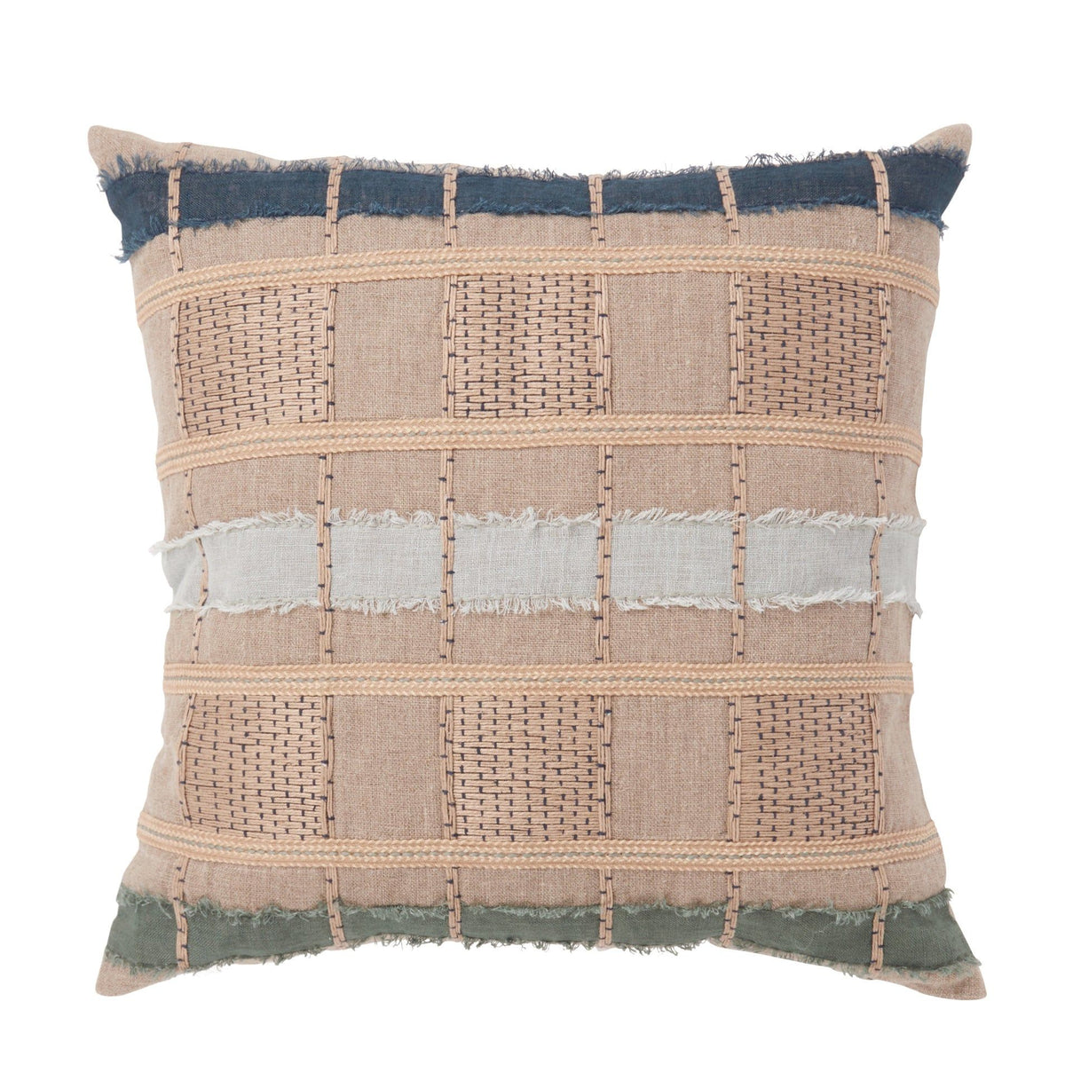 ML pillow cover with blue, tan, and light gray woven grid blocks, fringed corners