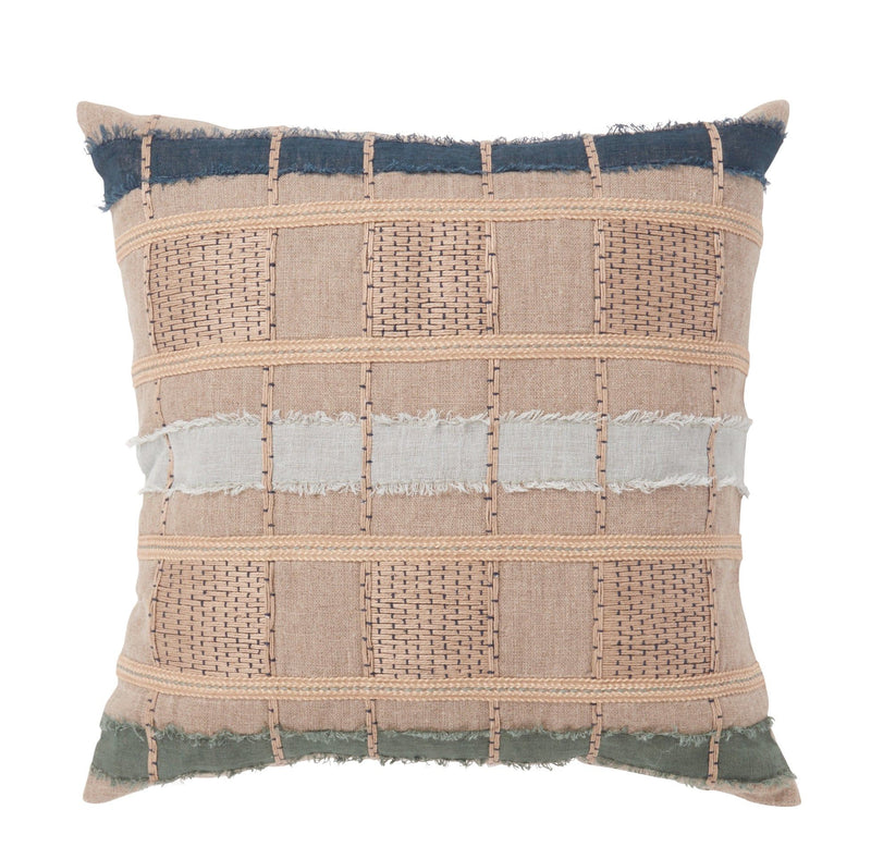 ML pillow cover with blue, tan, and light gray woven grid blocks, fringed corners
