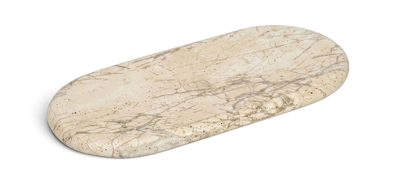 Beige travertine oval tray with natural veining and rounded edges