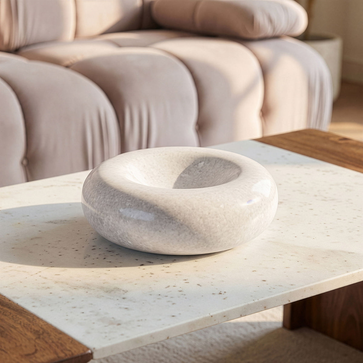 Carrara marble decorative bowl with shallow inner dish, smooth rounded stone