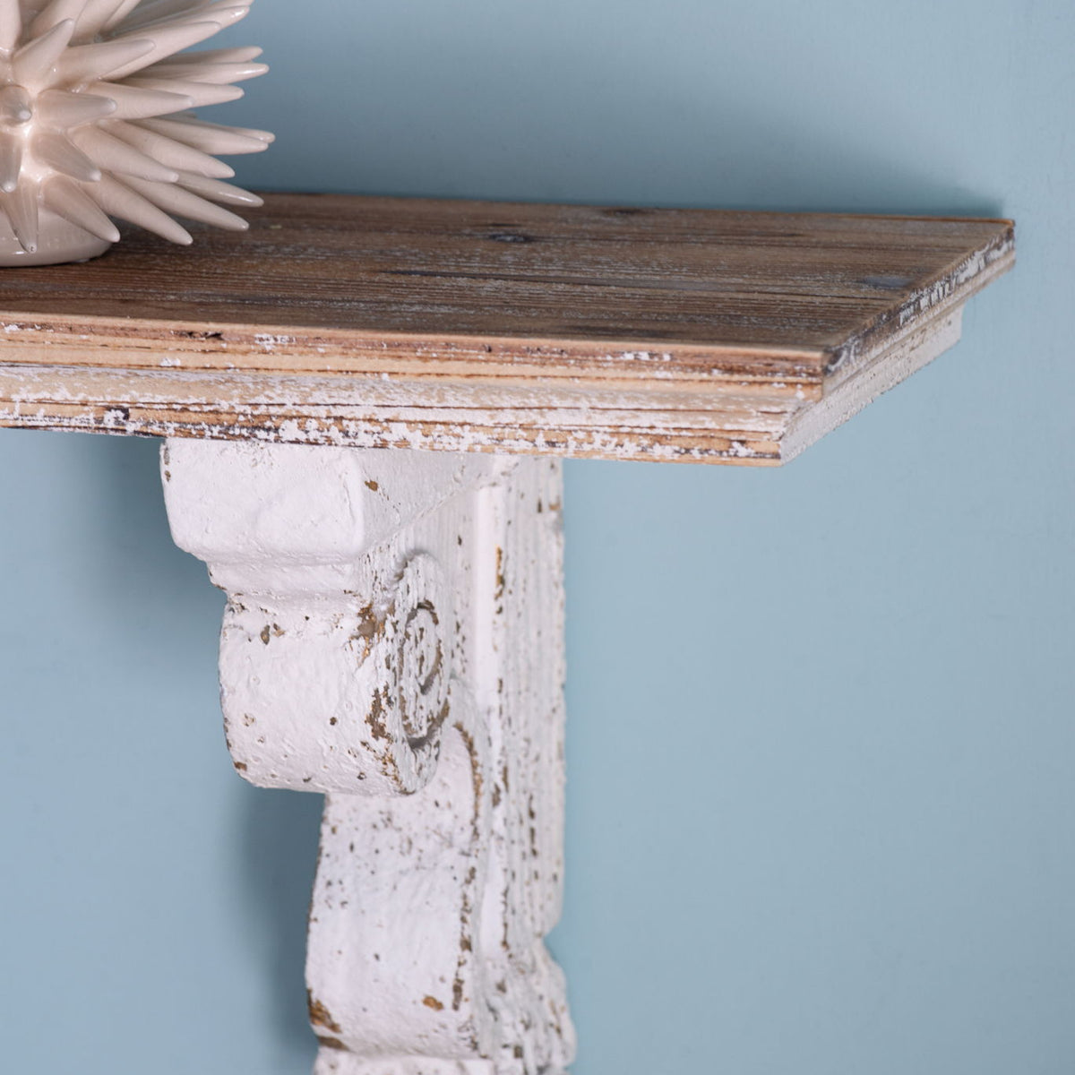 Distressed And Wooden Wall Shelf With Corbel Design - Brown / Antique White