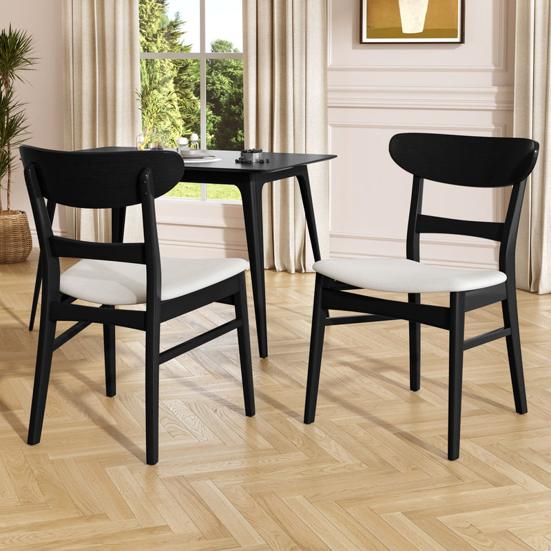 Black dining chairs set of 2 with curved backs and light cushioned seats