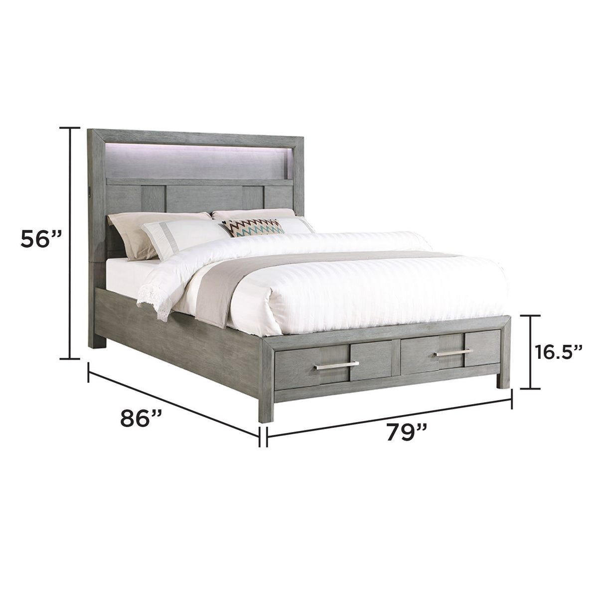 Dark gray storage bed with headboard and 2 under-bed drawers, with pillows