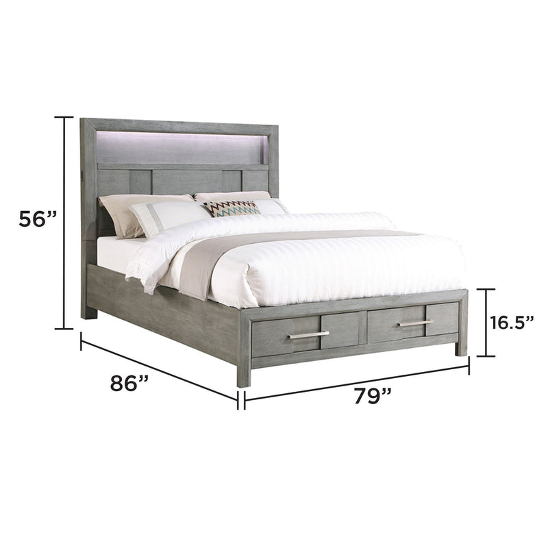 Dark gray storage bed with headboard and 2 under-bed drawers, with pillows