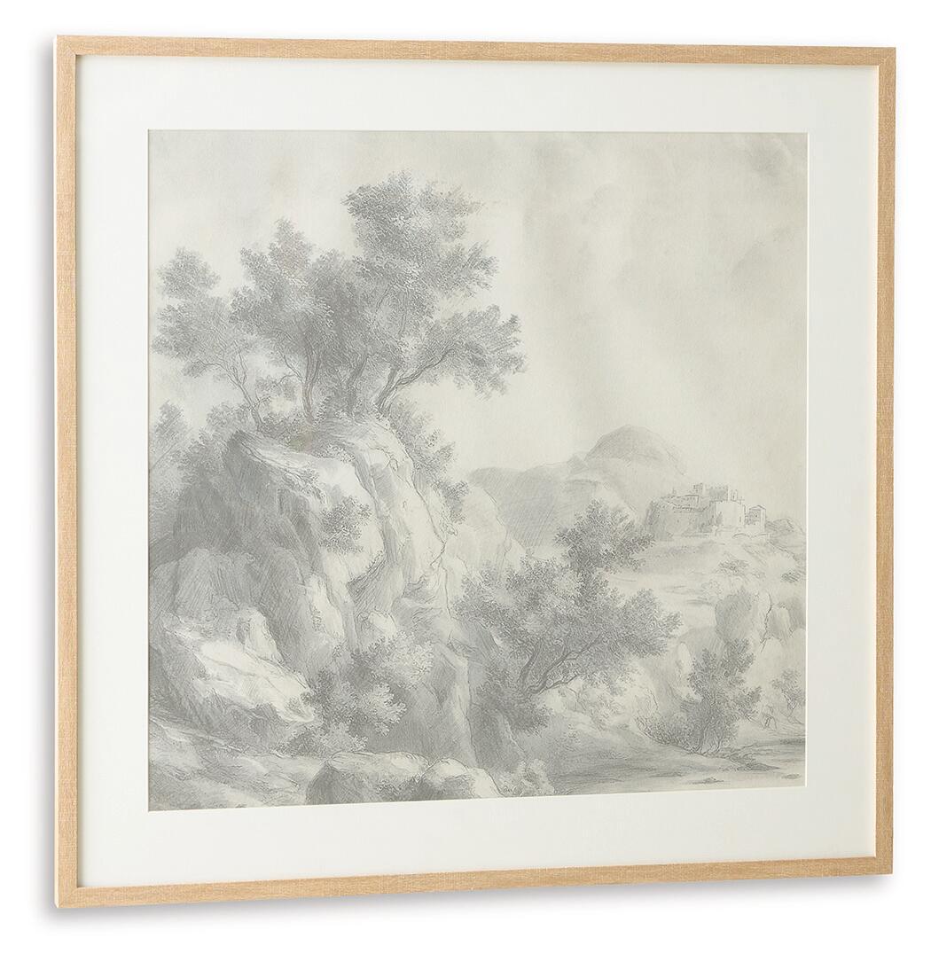 Framed gray landscape wall art print featuring trees, rocks, and distant buildings