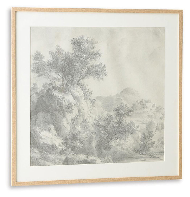 Framed gray landscape wall art print featuring trees, rocks, and distant buildings