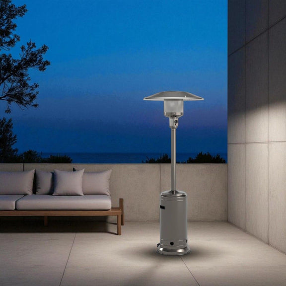 Dark gray standing patio heater with tall cylinder base and burner head