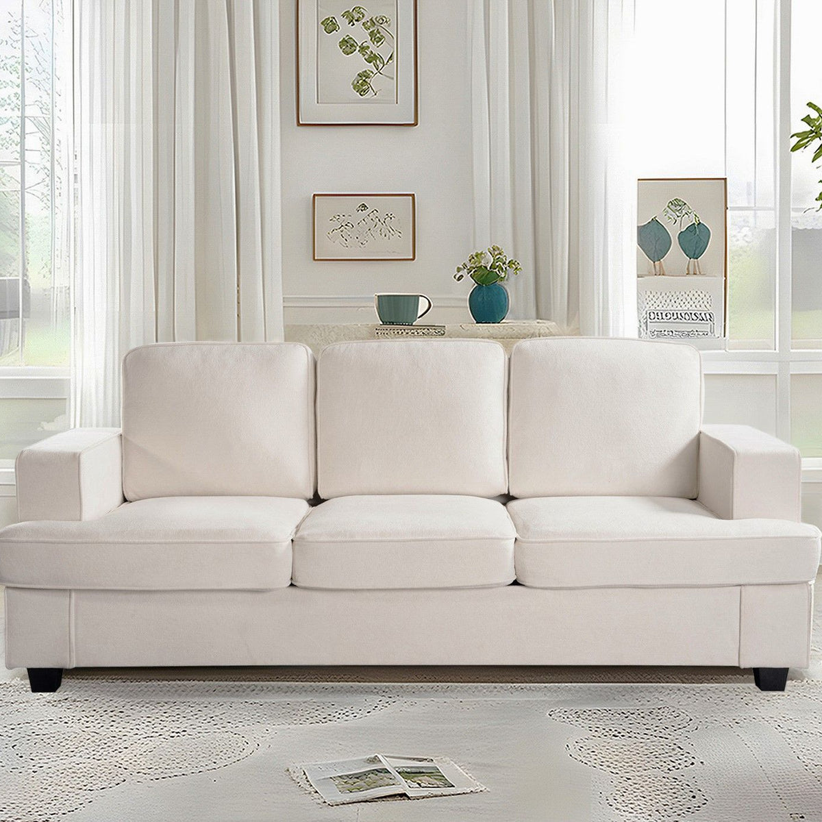 Modern Sofa, Comfortable 3 Seater Couch With Deep Seating, Loose Back Cushions, Wide Arms