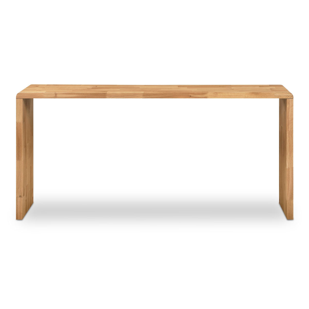 Natural wood counter table with a wide rectangular top and four straight legs
