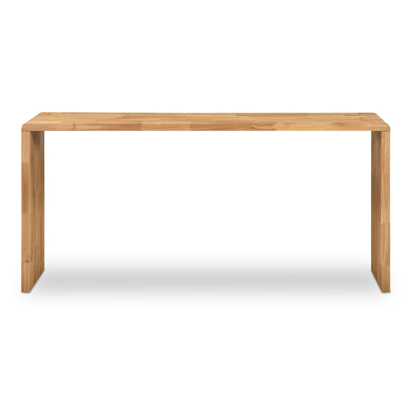 Natural wood counter table with a wide rectangular top and four straight legs