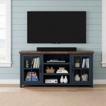 Blue TV stand console with open shelves and glass-door storage, cable management.