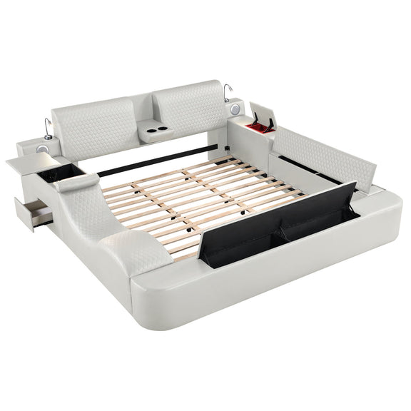 Light beige multifunctional massage bed with padded headboard and slatted base