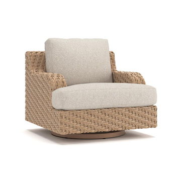 Beige wicker swivel glider chair with thick seat and back cushions