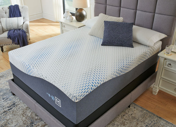 White gel mattress top with light blue pattern, dark gray sides, Millennium logo