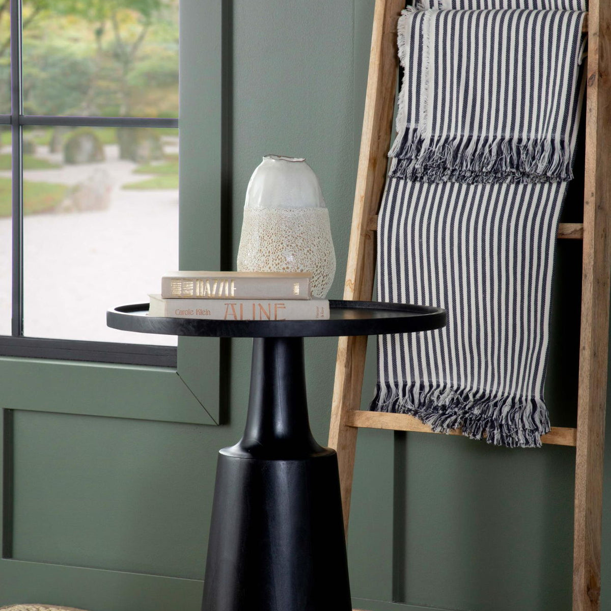 Ixia Round Solid Mango Wood Accent Side Table Black Stain