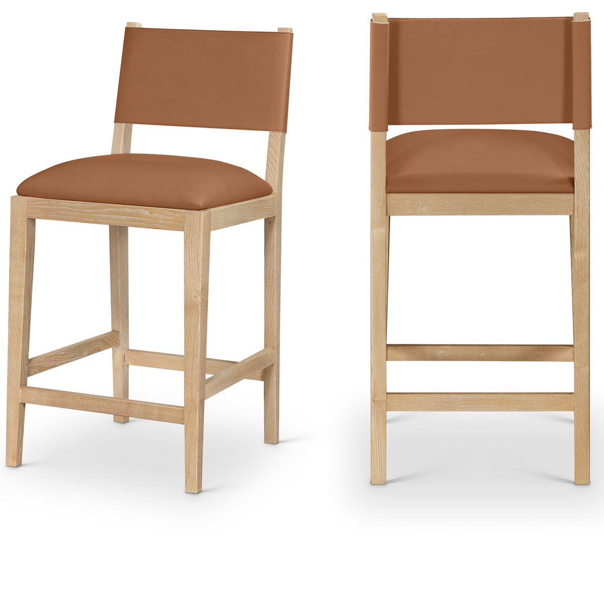 Light brown vegan leather counter stool, side view, square back and cushioned seat