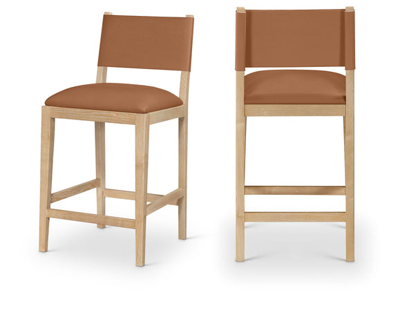 Light brown vegan leather counter stool, side view, square back and cushioned seat
