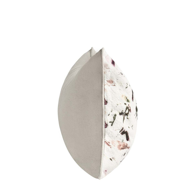 Rectangular lumbar pillow side view with off-white printed fabric and visible seam