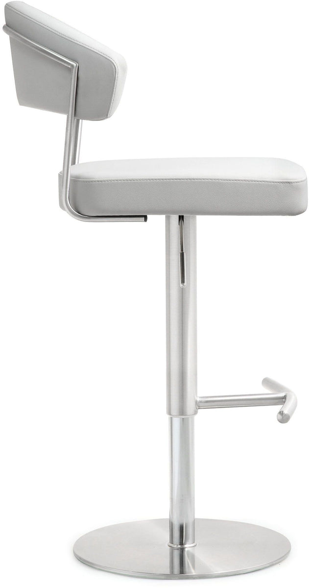 White barstool with curved padded back and seat, chrome pedestal base, and side footrest.
