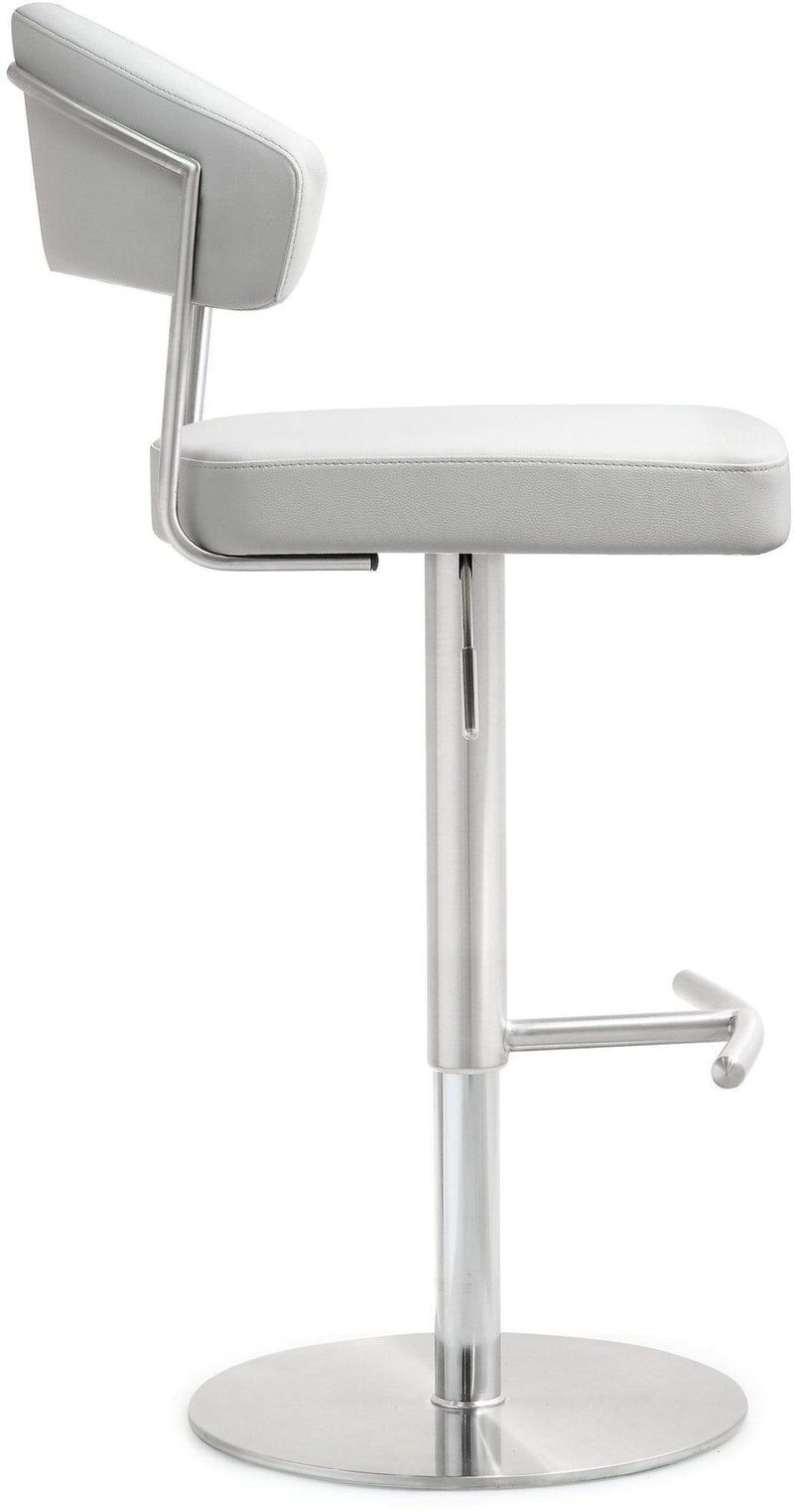 White barstool with curved padded back and seat, chrome pedestal base, and side footrest.