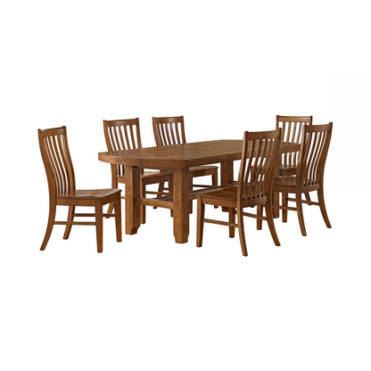 Light brown dining table with six slat-back chairs