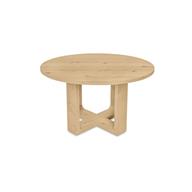 Round rustic oak dining table with a crossed pedestal base