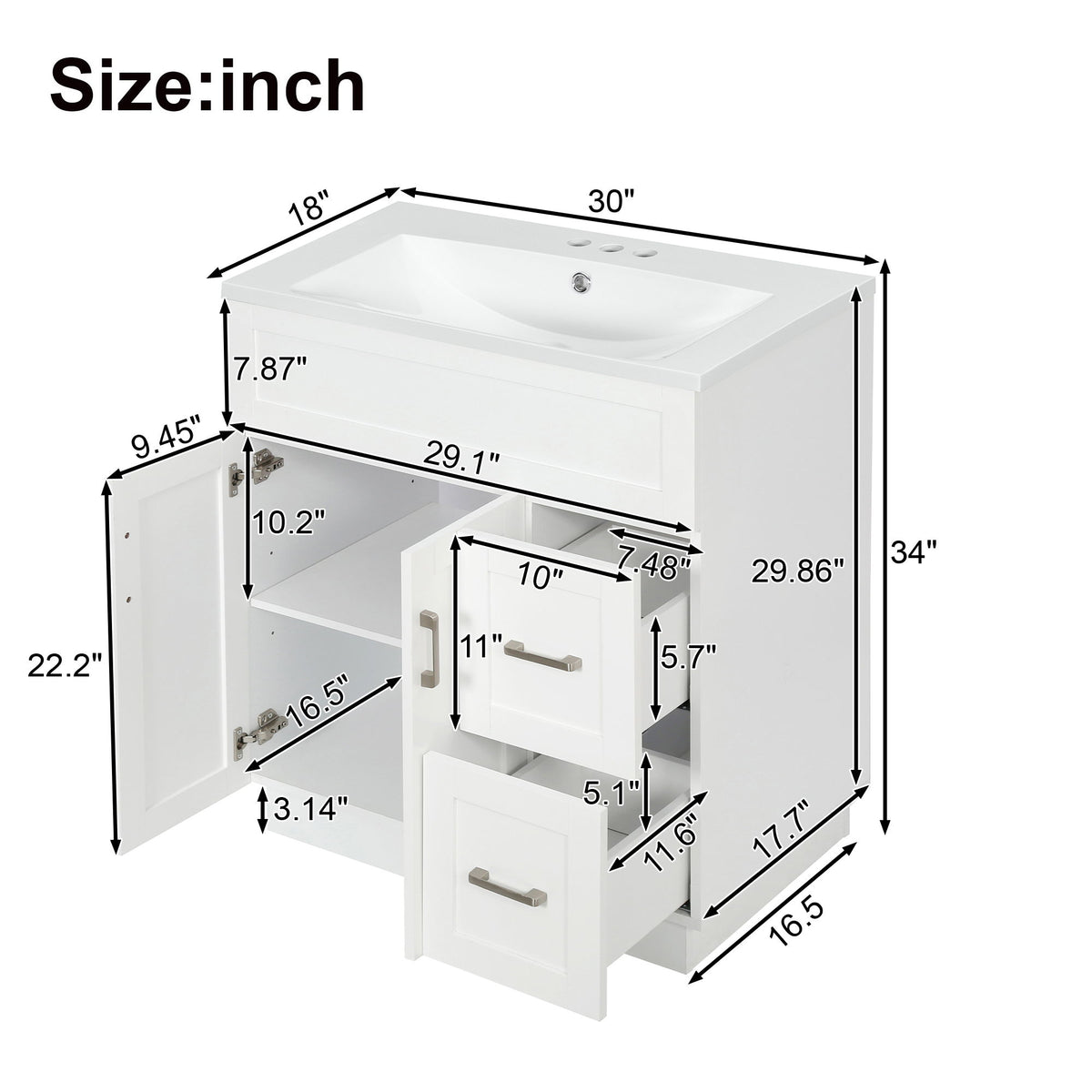 White vanity size diagram with sink basin and open drawers showing interior dimensions