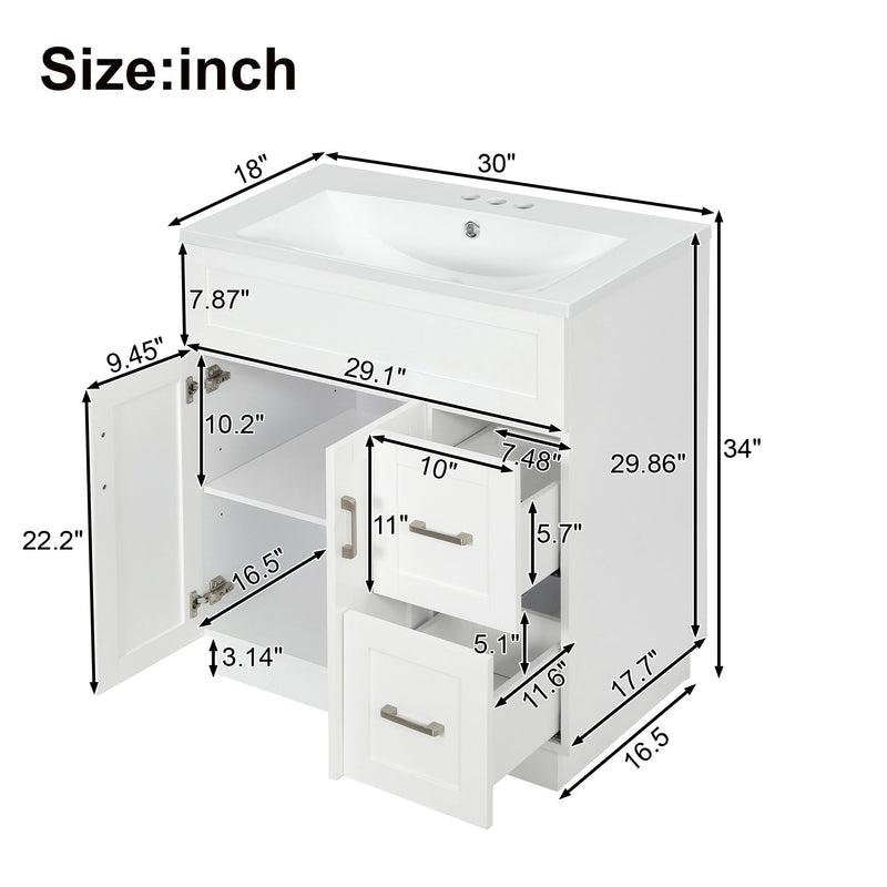 White vanity size diagram with sink basin and open drawers showing interior dimensions