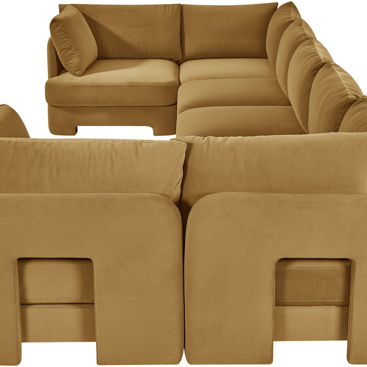 Tan velvet U-shaped sectional sofa, 7-piece set with ottoman blocks
