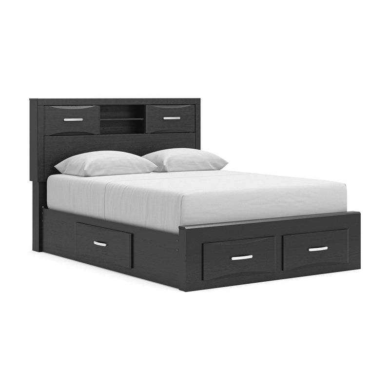 Black queen bed with bookcase headboard, storage footboard, and underbed drawers