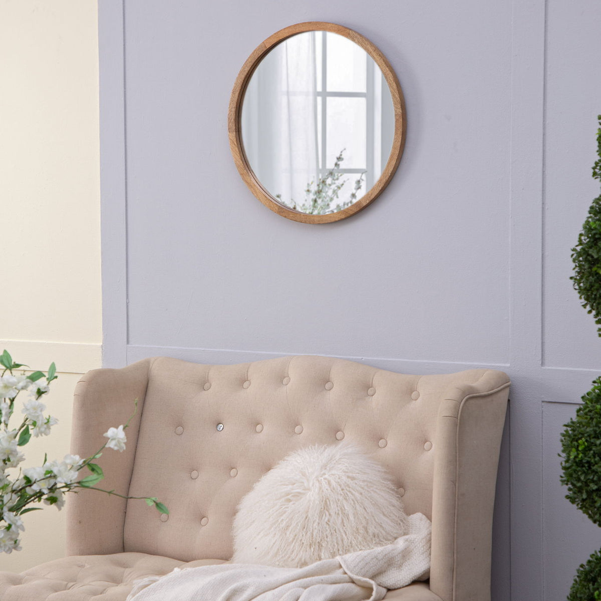 Circle Wall Mirror With Wooden Frame, Wall Mirror For Living Room