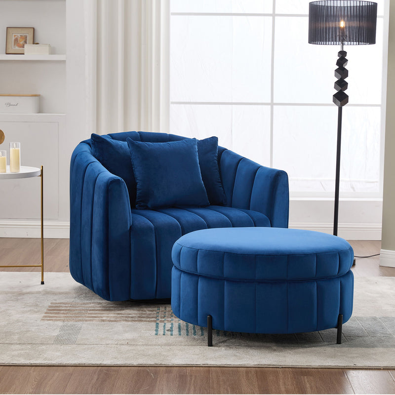 Oversized Velvet Swivel Barrel Accent Chair And Ottoman Set With Storage