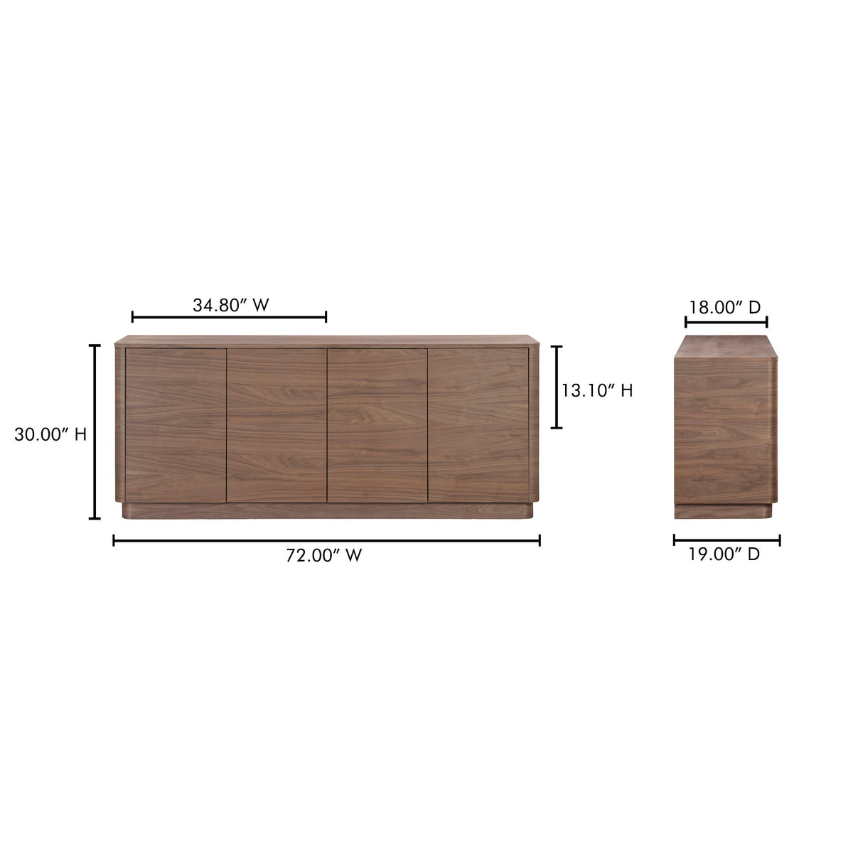 Walnut sideboard cabinet with four panel doors; shown with size measurements