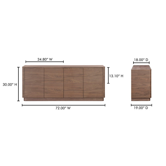 Walnut sideboard cabinet with four panel doors; shown with size measurements