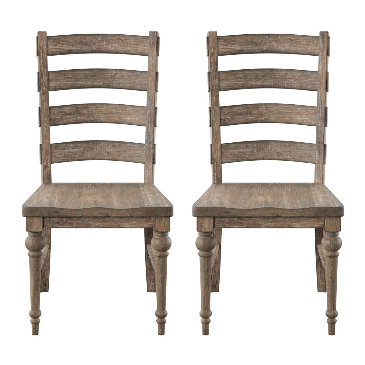 Taupe ladderback dining chairs with rounded seats and turned legs, set of 2