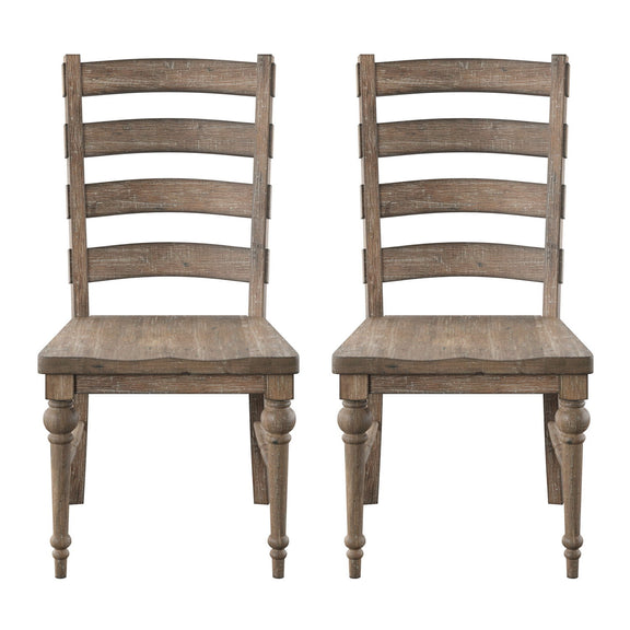 Taupe ladderback dining chairs with rounded seats and turned legs, set of 2