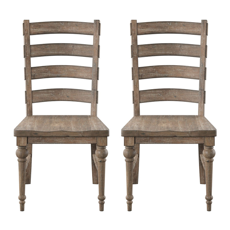 Taupe ladderback dining chairs with rounded seats and turned legs, set of 2