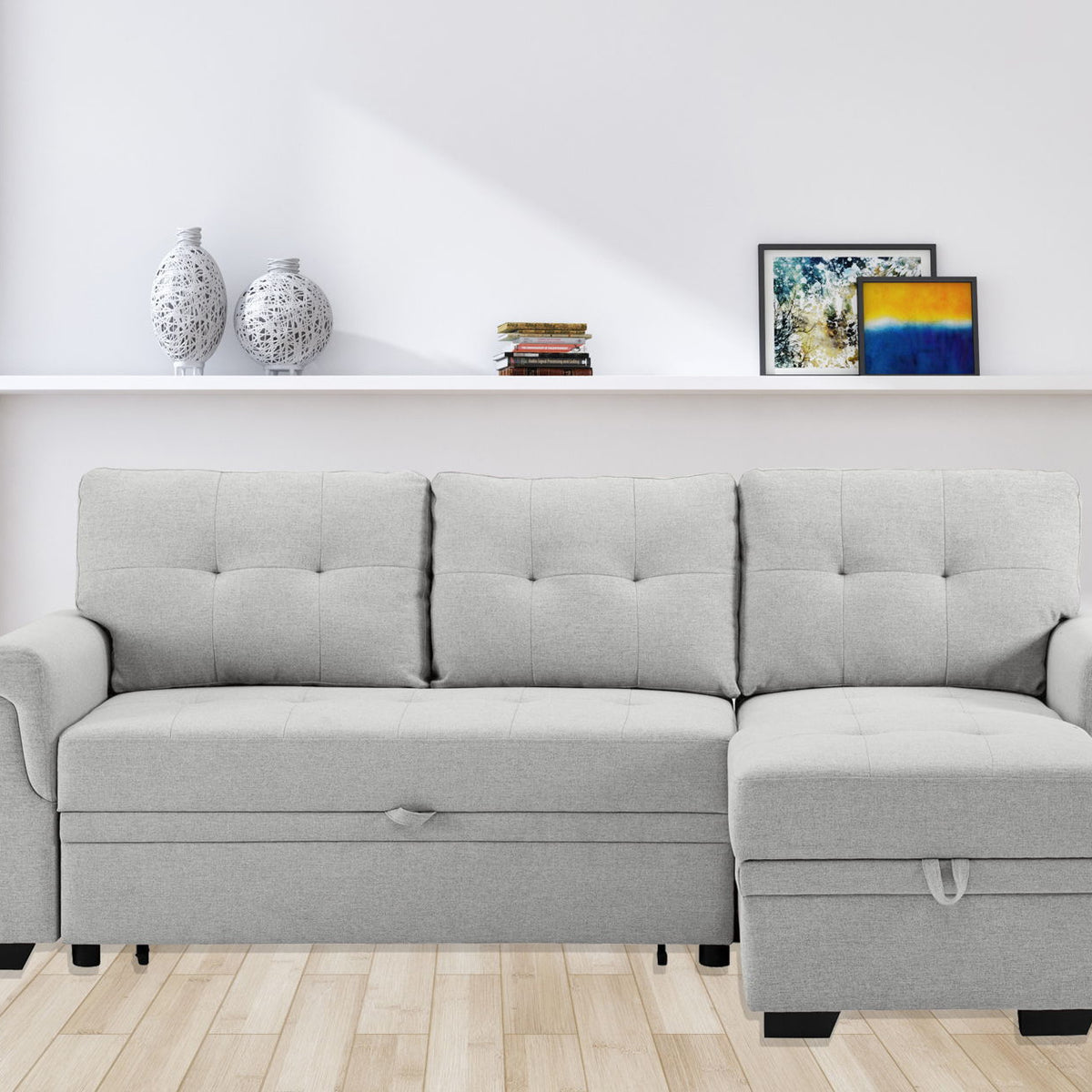 Destiny - Linen Reversible Sleeper Sectional Sofa With Storage Chaise