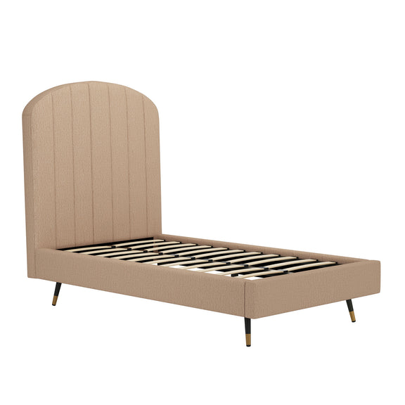 Light brown upholstered bed frame with arched channel headboard and slatted base