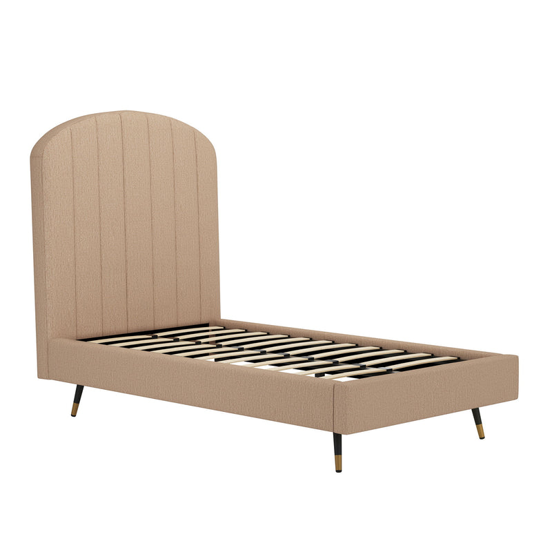 Light brown upholstered bed frame with arched channel headboard and slatted base