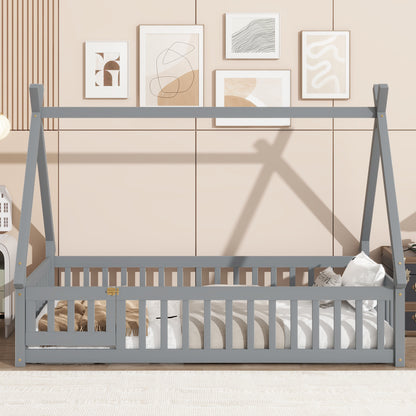 Twin Tent-shaped Floor Bed, Teepee Bed with Guardrails, Slats and Door, Grey