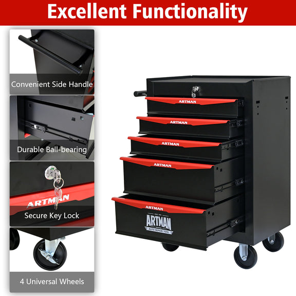 Rolling tool chest on wheels with side handle, ball-bearing slides, and secure key lock