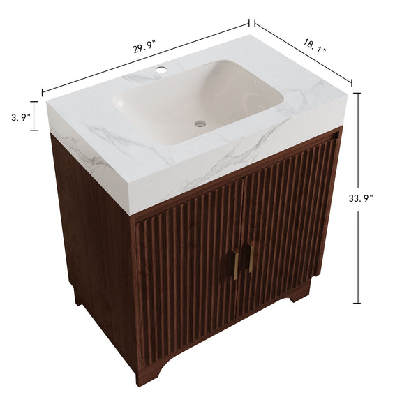 Walnut bathroom vanity with white sink top, shown with dimensions