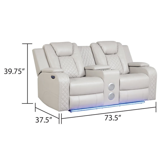 Beige power reclining loveseat with quilted side panels and blue LED light strip