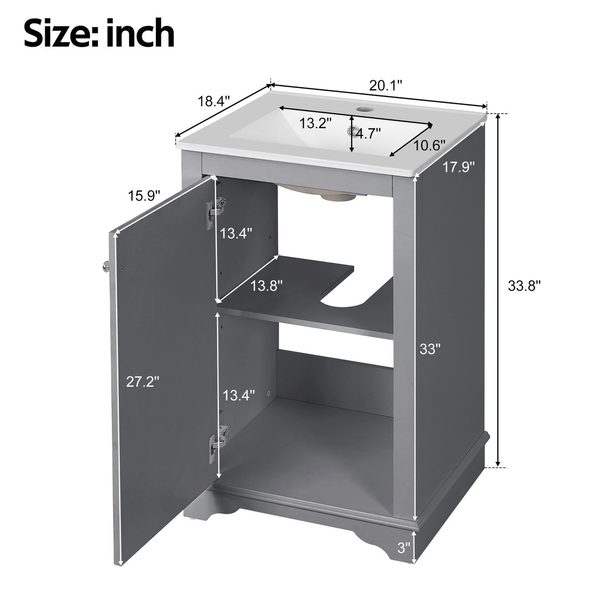 Bathroom vanity with sink showing interior storage shelves and open door dimensions