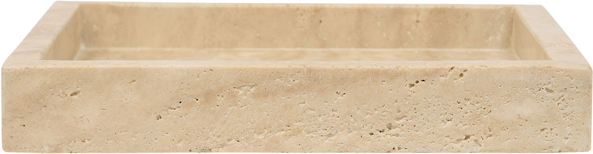 Beige travertine tray front edge view with low raised rim and speckled texture
