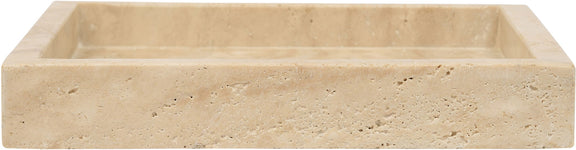 Beige travertine tray front edge view with low raised rim and speckled texture